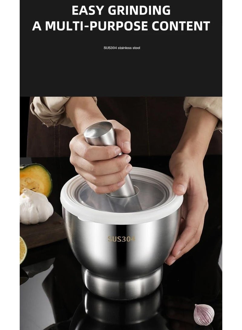 هاون ومدقة من الفولاذ المقاوم للصدأ، مطحنة مطبخ صلبة مصبوبة مع غطاء وقاعدة ثابتة لسحق التوابل والأعشاب والثوم يوميًا - Image 2